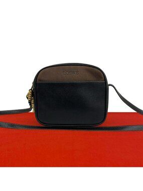 Loewe Vintage Velazquez Logo Embossed Leather Shoulder Bag Pochette Black Brown